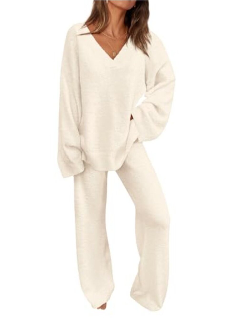 2 Piece Lounge Set Women Pajama Set Soft Knit V Neck Wide Leg Pants